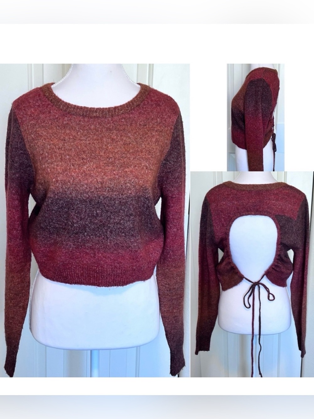 COTTON:ON Acryl/Wool/Polye Rusty Brown Cropped Open Tie Back Sweater Sz Large